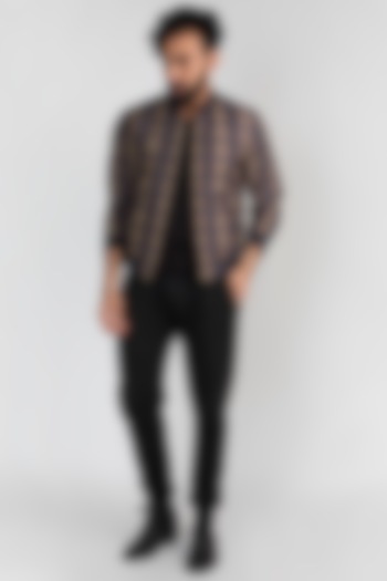 Navy Blue Printed Bomber Jacket by Mayank Modi at Pernia's Pop Up Shop