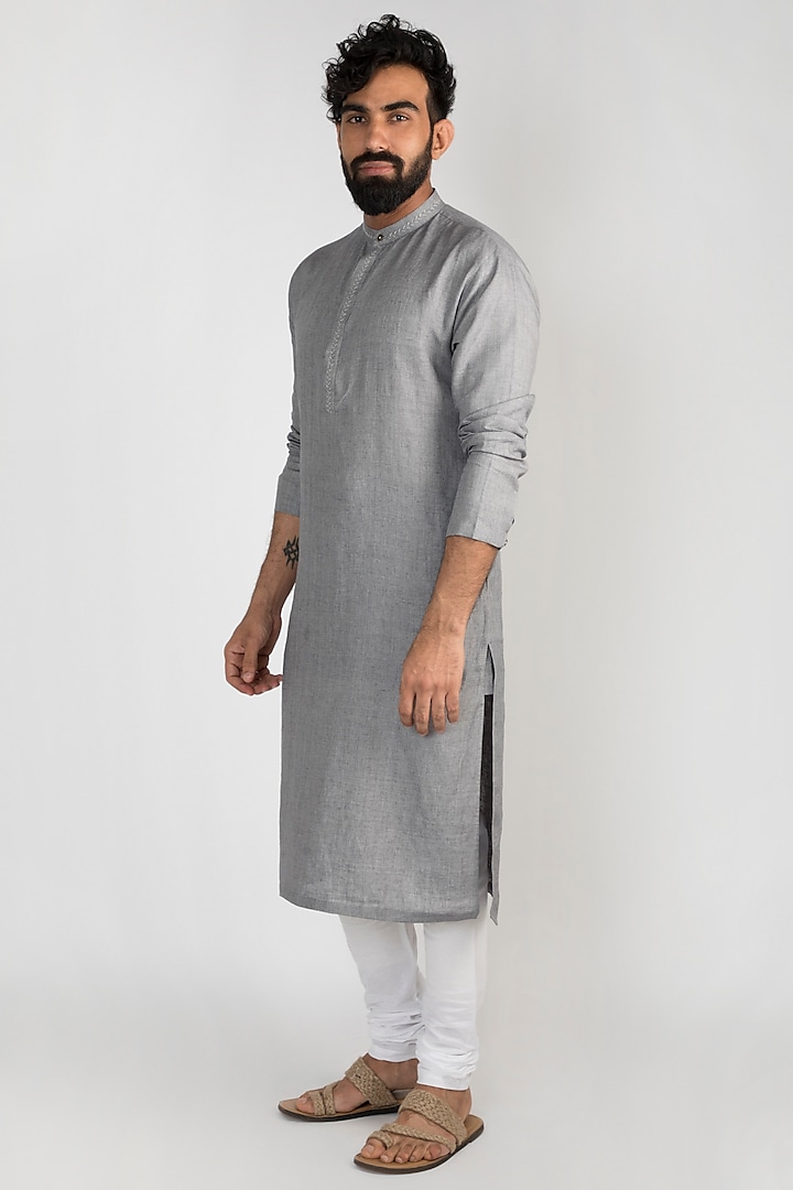 Grey Embroidered Linen Kurta With Churidar Pants by Mayank Modi