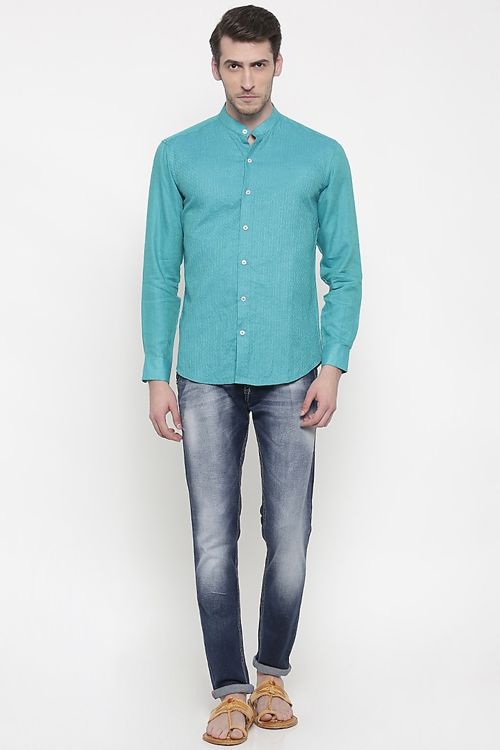 Aqua Blue Linen Shirt by Mayank Modi