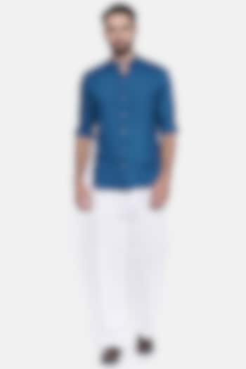 Blue Party Wear Shirt With Chinese Collar by Mayank Modi at Pernia's Pop Up Shop
