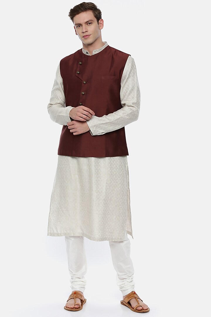 Brown Silk Cotton Bundi Jacket by Mayank Modi
