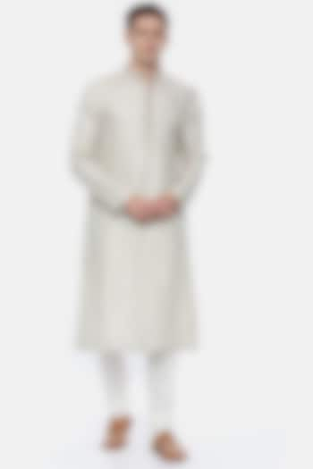 Beige Linen Jacquard Kurta Set by Mayank Modi