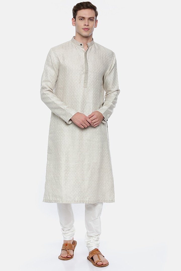 Beige Linen Jacquard Kurta Set by Mayank Modi