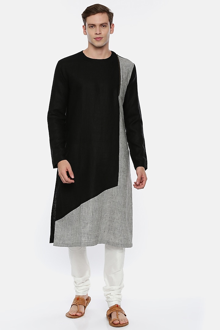 Black & Grey Linen Kurta Set by Mayank Modi