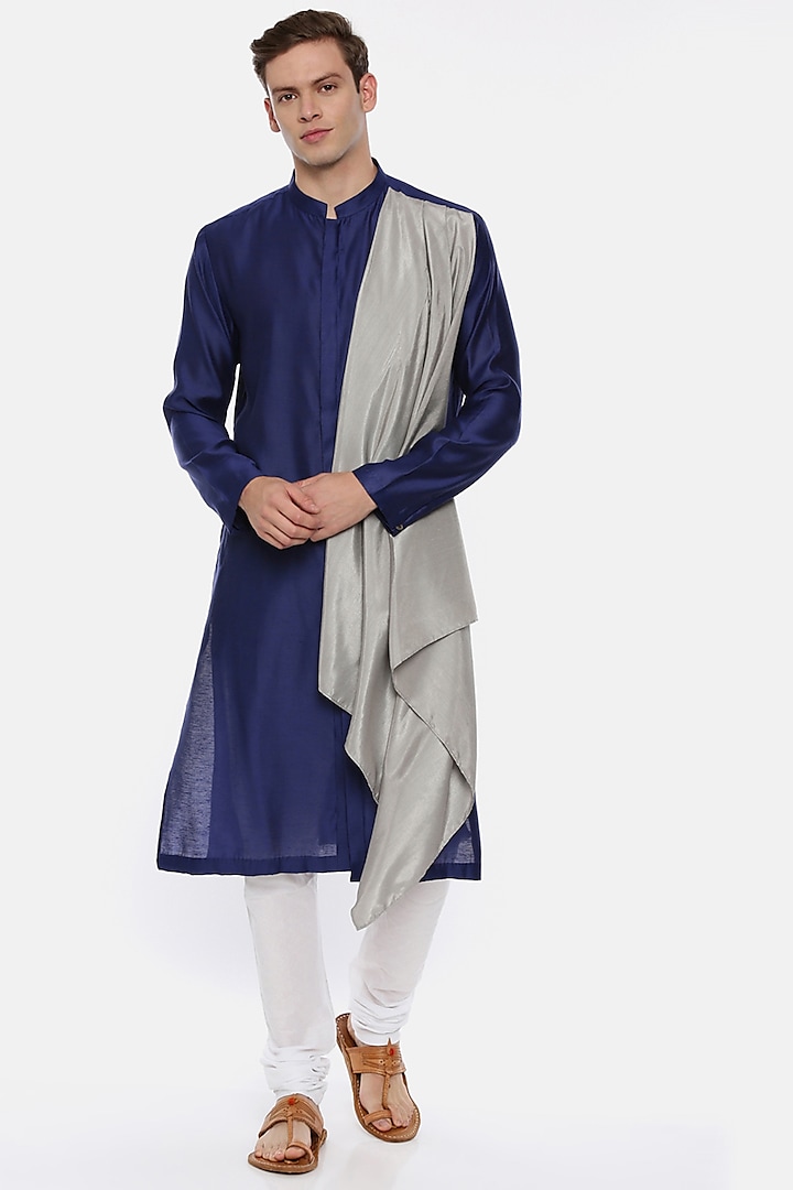 Blue & Silver Draped Kurta Set by Mayank Modi