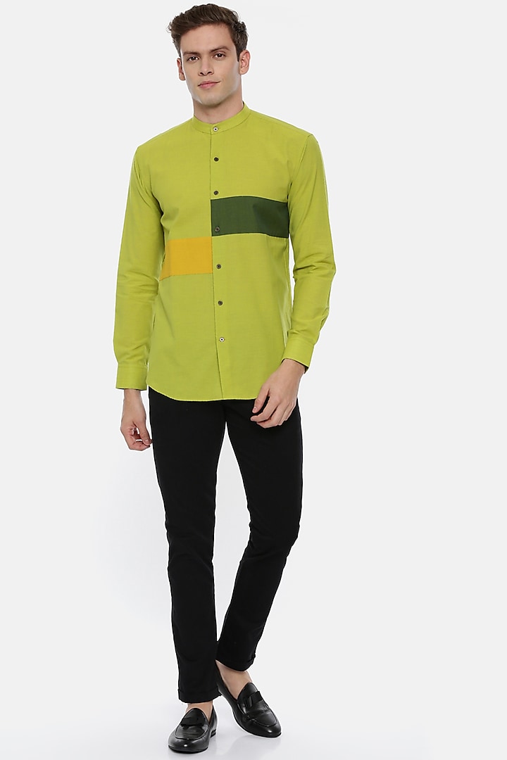 Green Cotton Shirt With Geometric Pattern by Mayank Modi