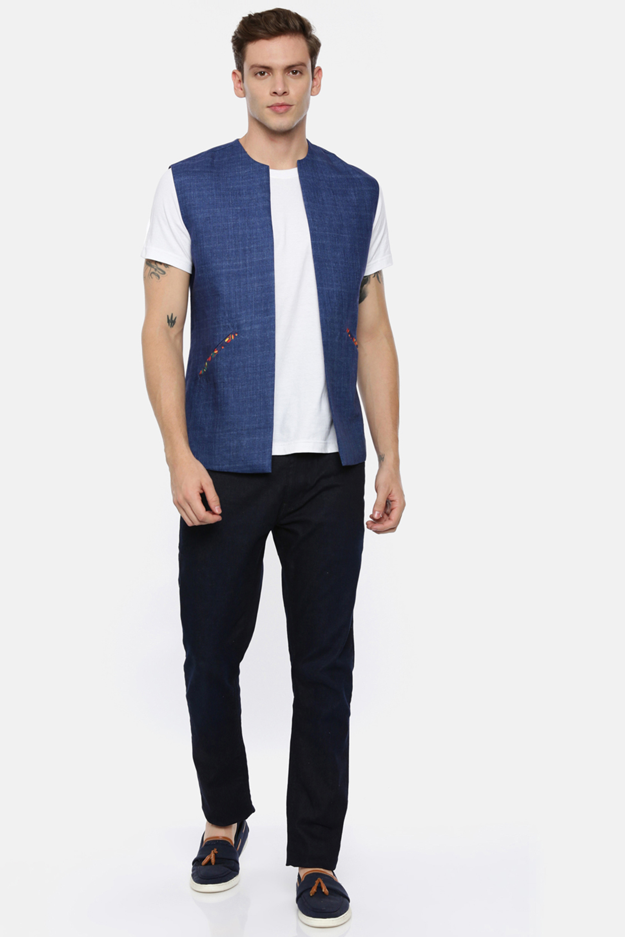 Blue Linen Open Jacket by Mayank Modi at Pernia's Pop Up Shop
