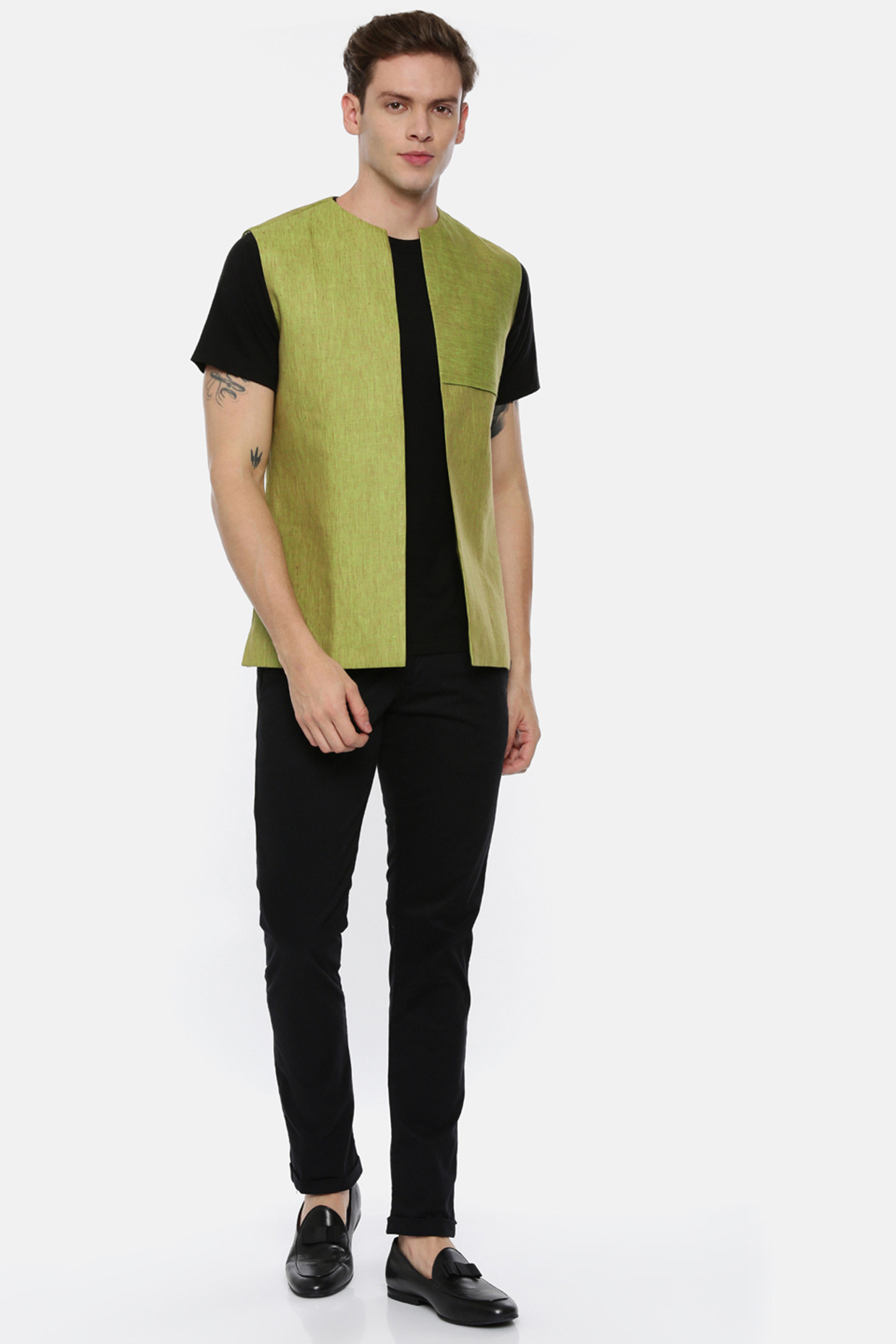 Mustard Green Open Jacket by Mayank Modi at Pernia's Pop Up Shop