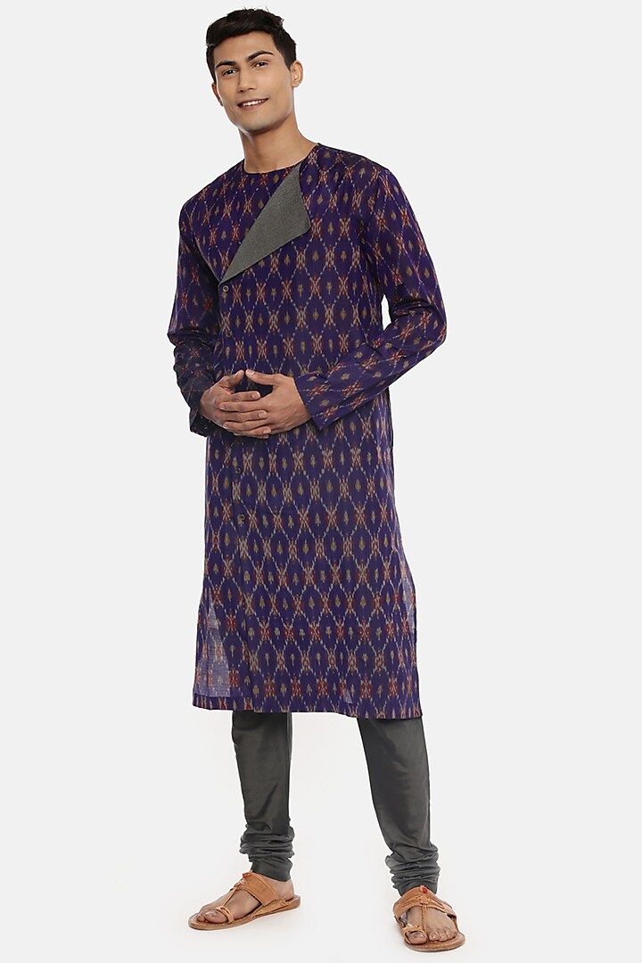 Purple Handwoven Silk Ikat Kurta Set by Mayank Modi