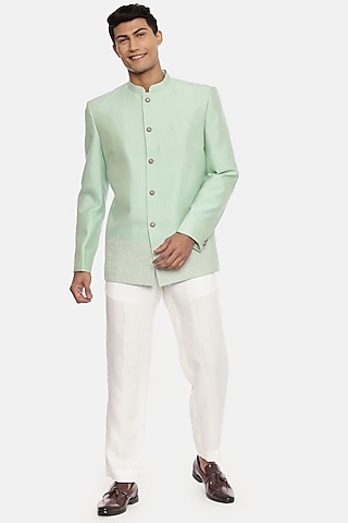 Mint Green Hand Embroidered Bandhgala Jacket by Mayank Modi
