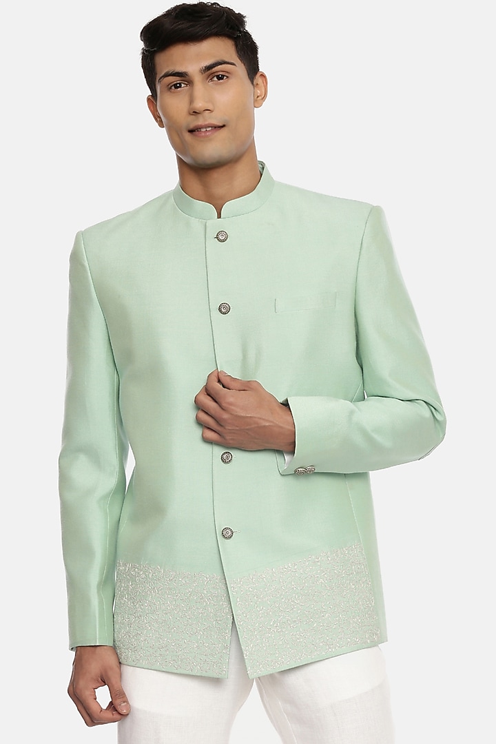 Mint Green Hand Embroidered Wedding Bandhgala Jacket by Mayank Modi at Pernia's Pop Up Shop
