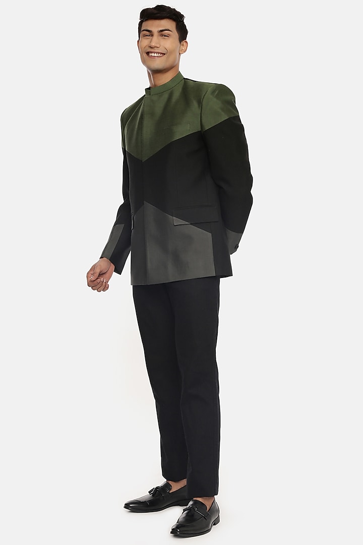 Green & Black Silk Bandhgala Jacket by Mayank Modi