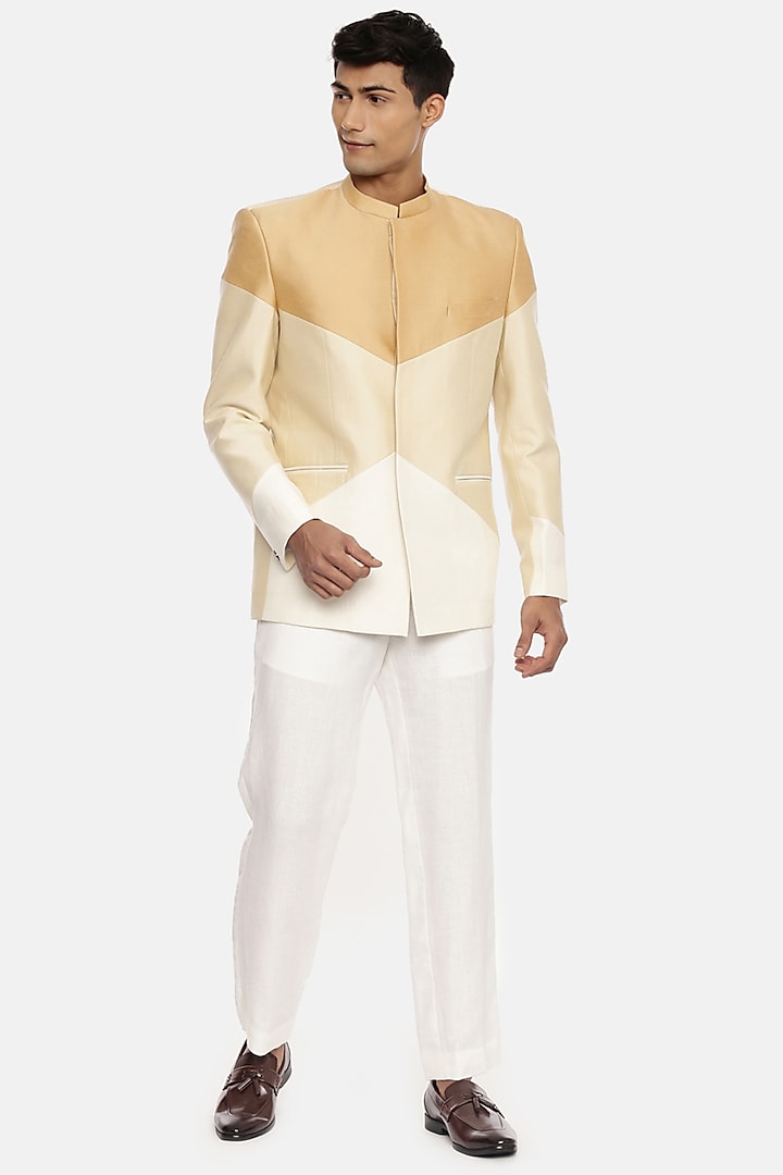 Beige & Gold Silk Bandhgala Jacket by Mayank Modi