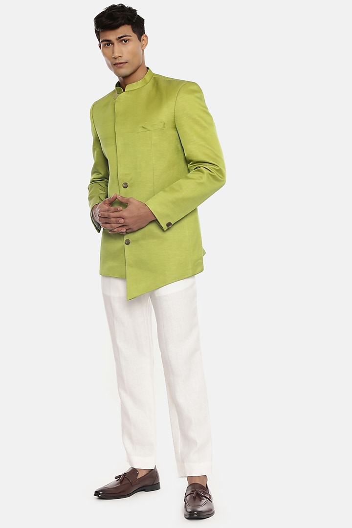Fresh Green Embroidered Bandhgala Jacket by Mayank Modi