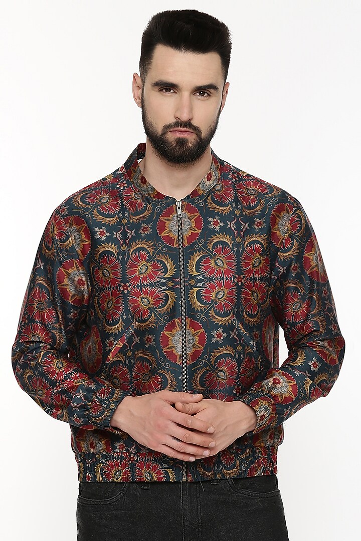 Red & Green Printed Bomber Jacket by Mayank Modi at Pernia's Pop Up Shop