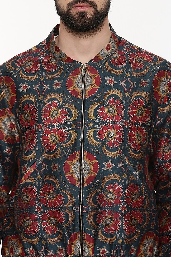 Red & Green Printed Bomber Jacket by Mayank Modi at Pernia's Pop Up Shop