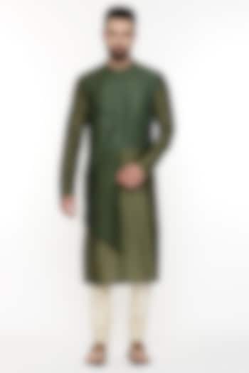 Green Chanderi Silk Layered Kurta Set by Mayank Modi