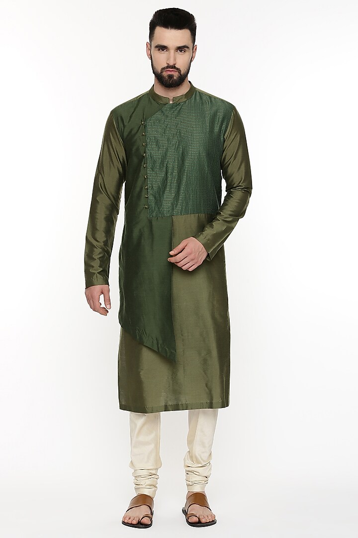 Green Chanderi Silk Layered Kurta Set by Mayank Modi
