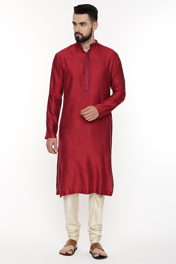 Red Cotton Jacquard Kurta Set by Mayank Modi