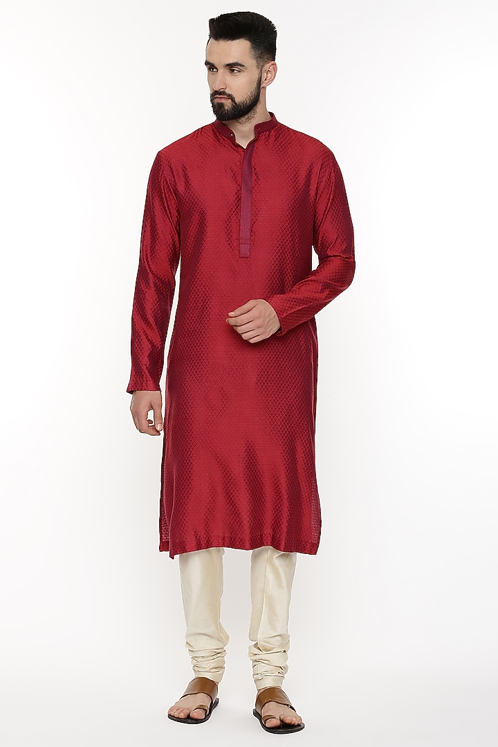 Red Cotton Jacquard Kurta Set by Mayank Modi at Pernia's Pop Up Shop