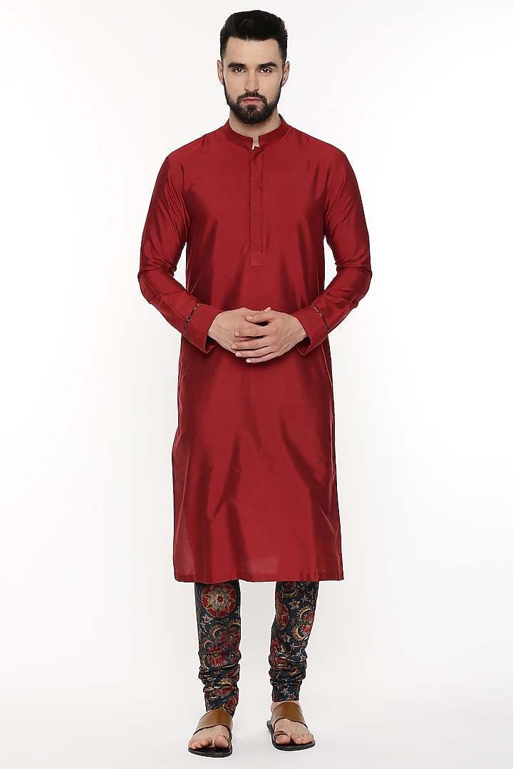Red Silk Bemberg Kurta Set by Mayank Modi