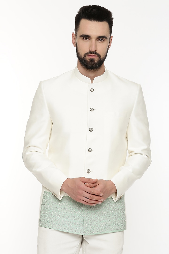 Ivory Embroidered Wedding Bandhgala Jacket by Mayank Modi at Pernia's Pop Up Shop