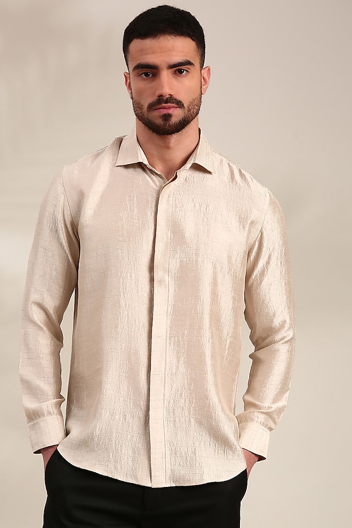 Cream Bemberg Silk Embroidered Shirt by Mayank Modi at Pernia's Pop Up Shop