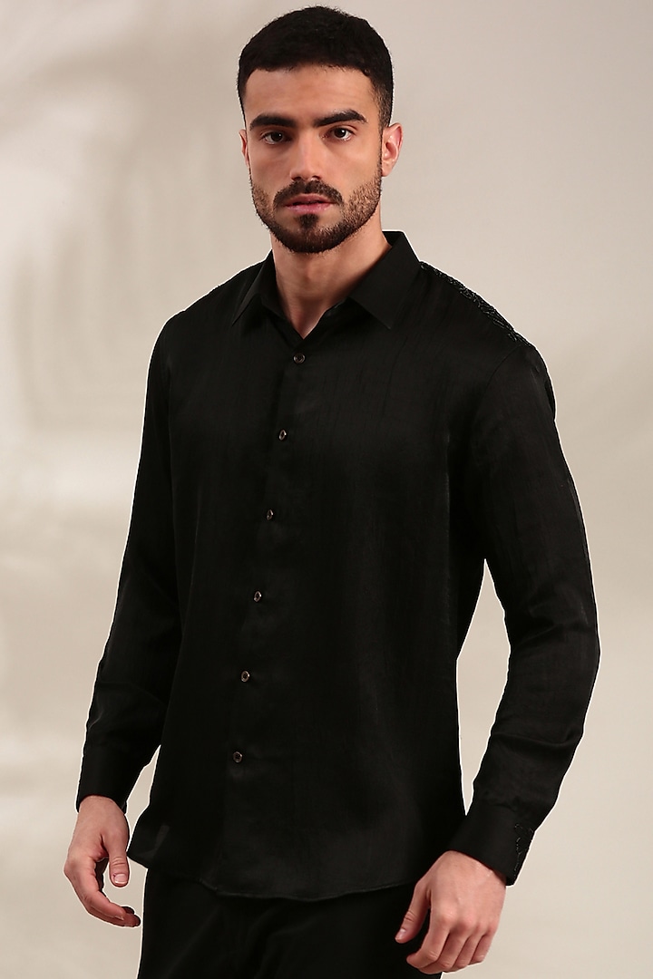 Black Bemberg Silk Shirt by Mayank Modi