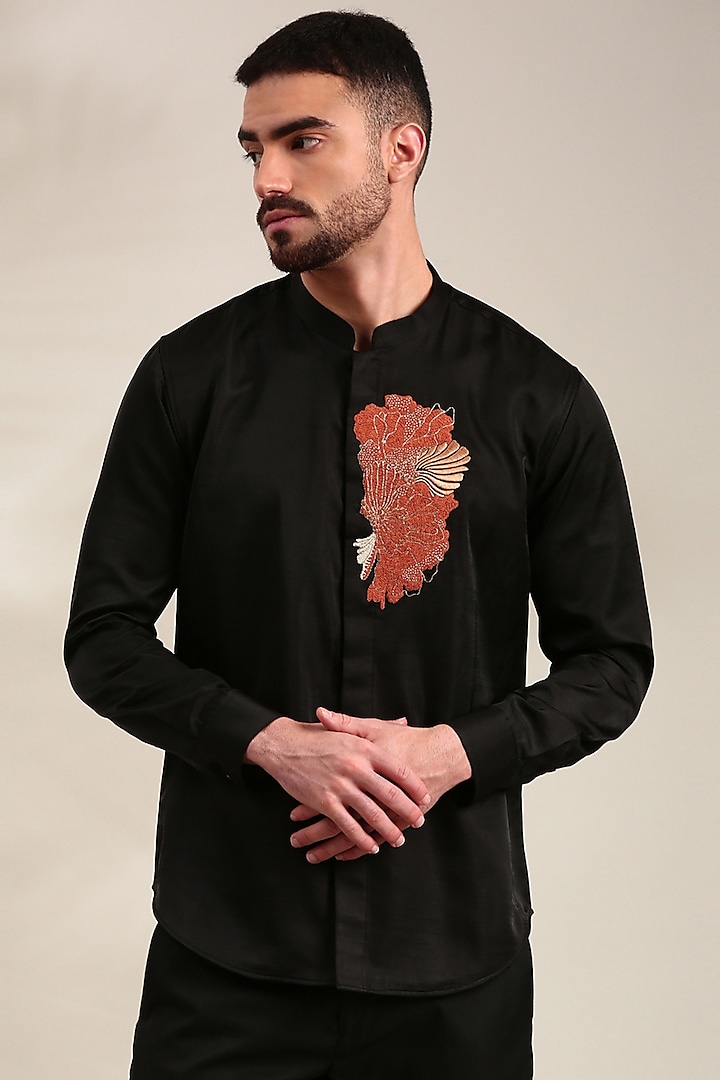 Black Bemberg Silk Embroidered Shirt by Mayank Modi