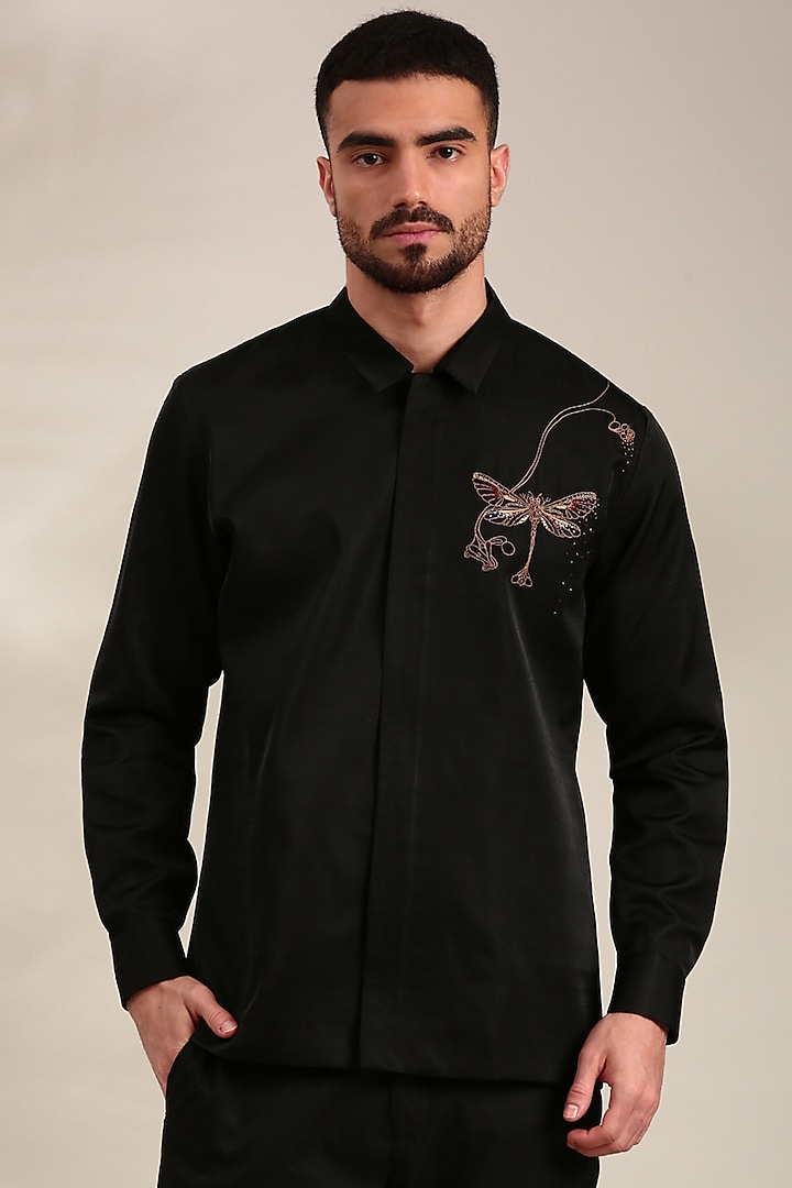 Black Bemberg Silk Embroidered Shirt by Mayank Modi at Pernia's Pop Up Shop