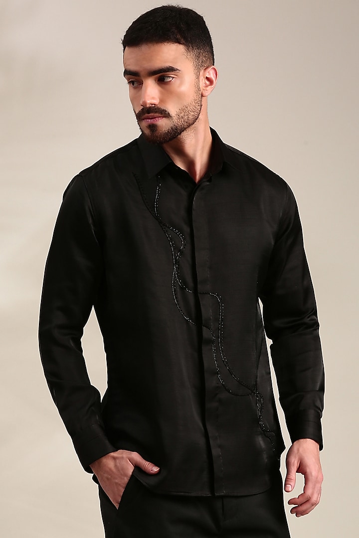 Black Bemberg Silk Shirt by Mayank Modi