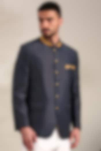 Blue Kota Chanderi Bandhgala Jacket by Mayank Modi