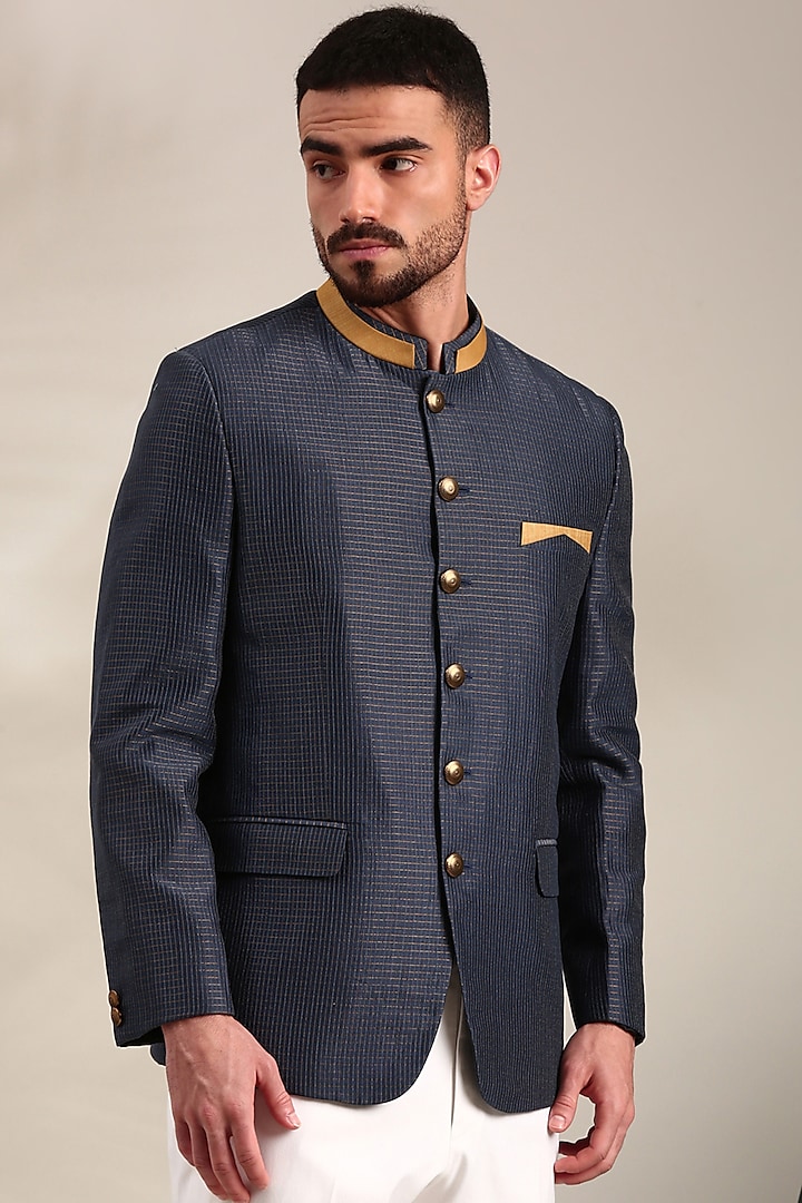 Blue Kota Chanderi Bandhgala Jacket by Mayank Modi