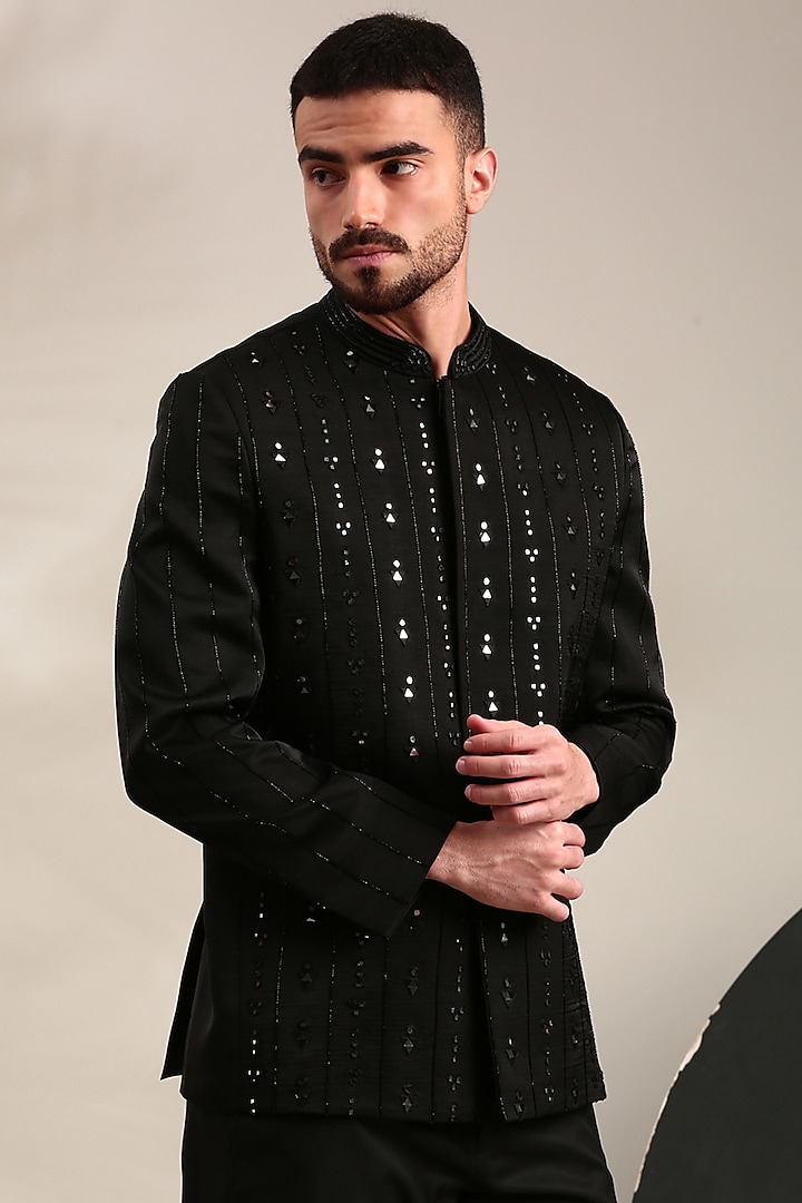 Black Bemberg Silk Embroidered Bandhgala Jacket by Mayank Modi at Pernia's Pop Up Shop