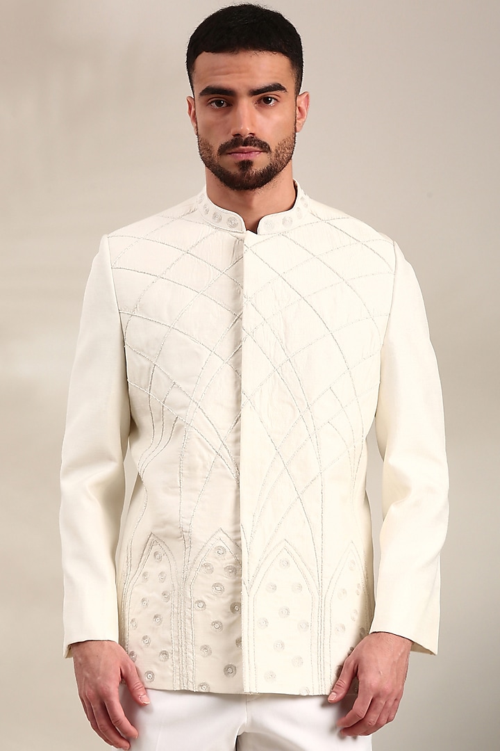 Ivory Bemberg Silk Embroidered Bandhgala Jacket by Mayank Modi