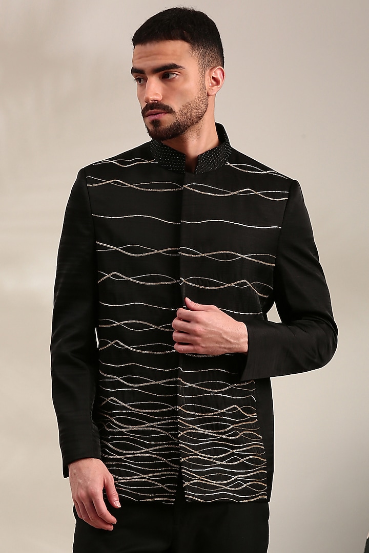 Black Bemberg Silk Embroidered Bandhgala Jacket by Mayank Modi at Pernia's Pop Up Shop