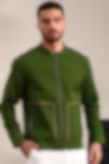 Green Malai Cotton Bomber Jacket by Mayank Modi