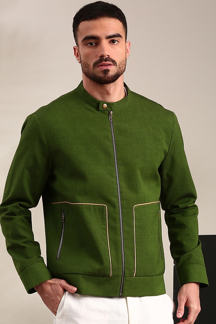 Green Malai Cotton Bomber Jacket by Mayank Modi