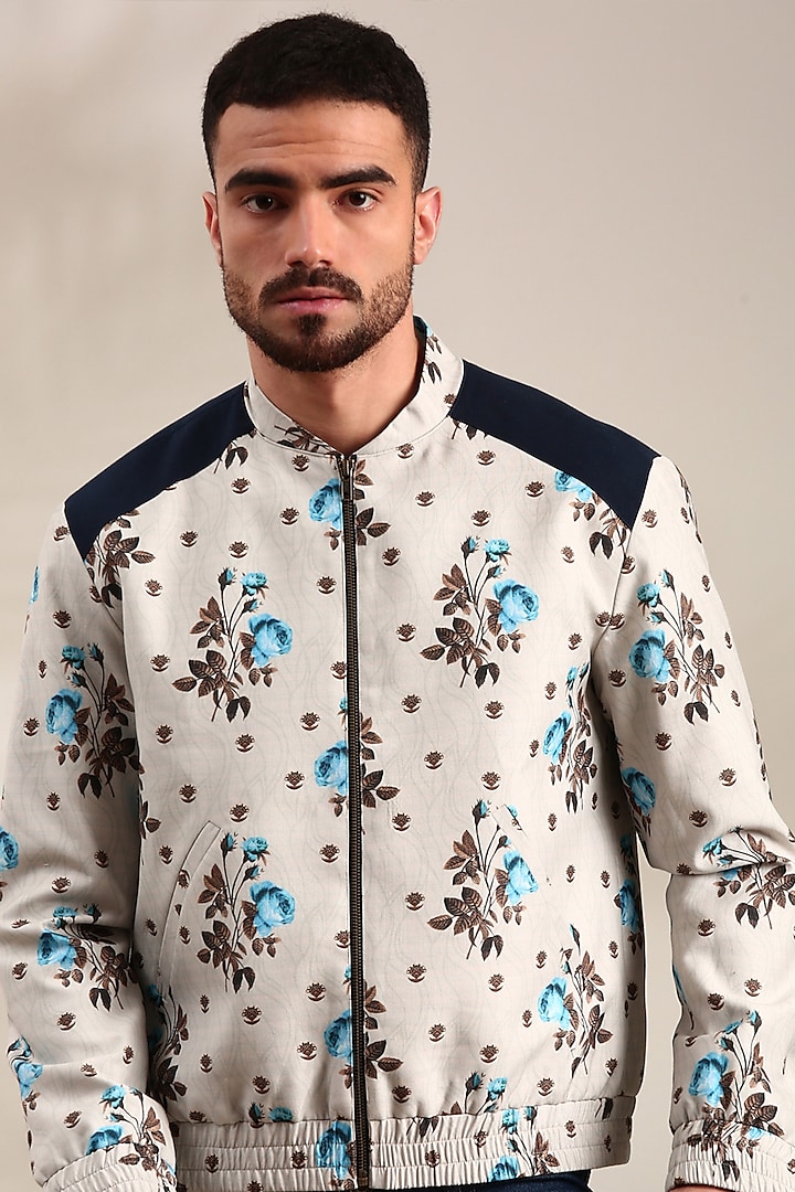 Off-White Linen Cotton Printed Bomber Jacket by Mayank Modi