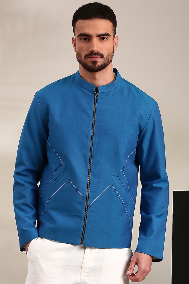 Blue Malai Cotton Bomber Jacket by Mayank Modi