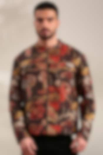 Brown Silk Muslin Printed Bomber Jacket by Mayank Modi