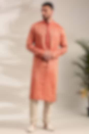 Orange Silk Jacquard Kurta Set by Mayank Modi at Pernia's Pop Up Shop