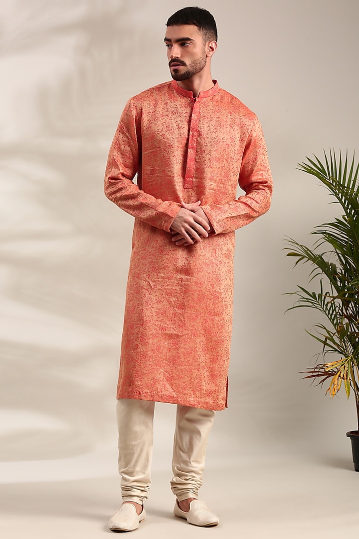 Orange Silk Jacquard Kurta Set by Mayank Modi at Pernia's Pop Up Shop