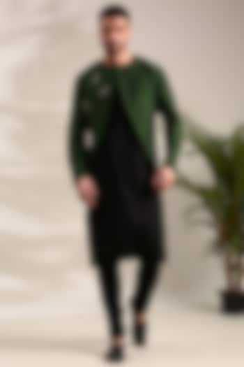 Green & Black Cotton Silk Kurta Set by Mayank Modi at Pernia's Pop Up Shop