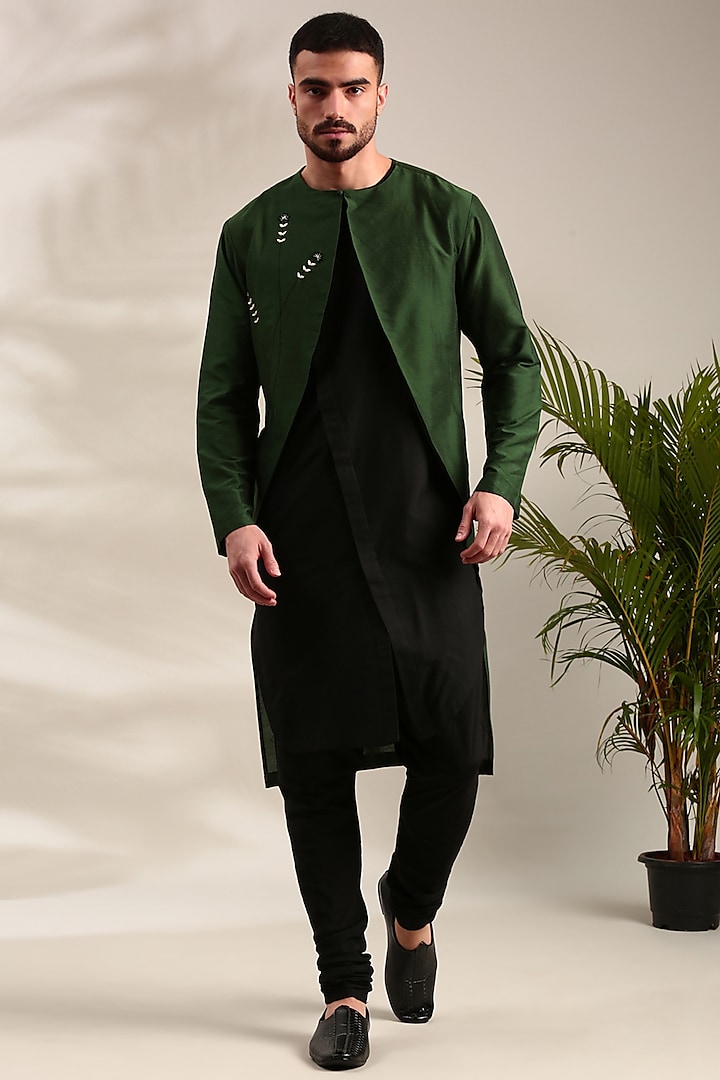 Green & Black Cotton Silk Kurta Set by Mayank Modi at Pernia's Pop Up Shop