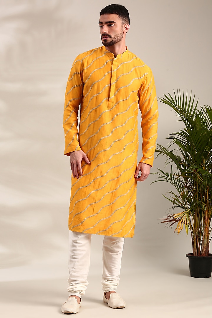 Yellow Silk Chanderi Embroidered Kurta Set by Mayank Modi at Pernia's Pop Up Shop