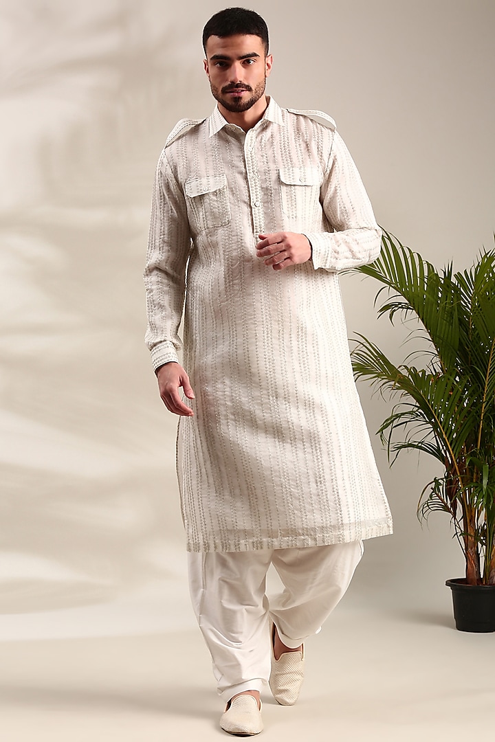 Ivory Chanderi Embroidered Pathani Kurta Set by Mayank Modi at Pernia's Pop Up Shop