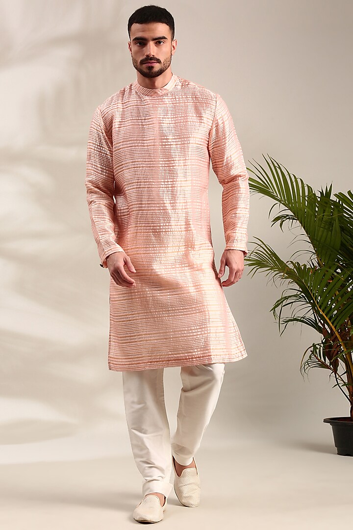 Peach Chanderi Kurta Set by Mayank Modi at Pernia's Pop Up Shop