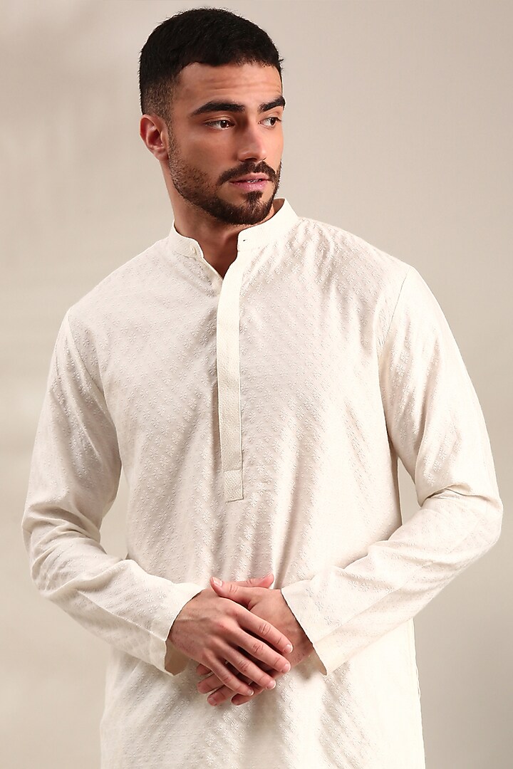 Ivory Silk Jacquard Kurta Set by Mayank Modi at Pernia's Pop Up Shop