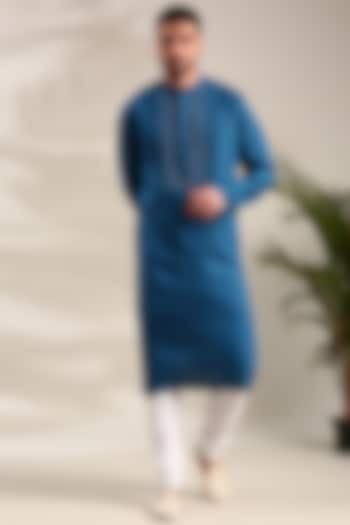 Blue Linen Kurta Set by Mayank Modi